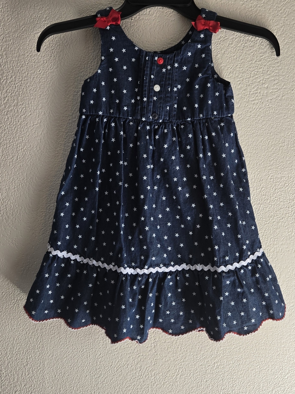 Wonderkids Navy Star Print Sleeveless Dress with Red Bow Details